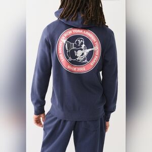 True Religion Men's Full Zip Dress Blue City Buddha Hoodie Size Medium Y2K Logo